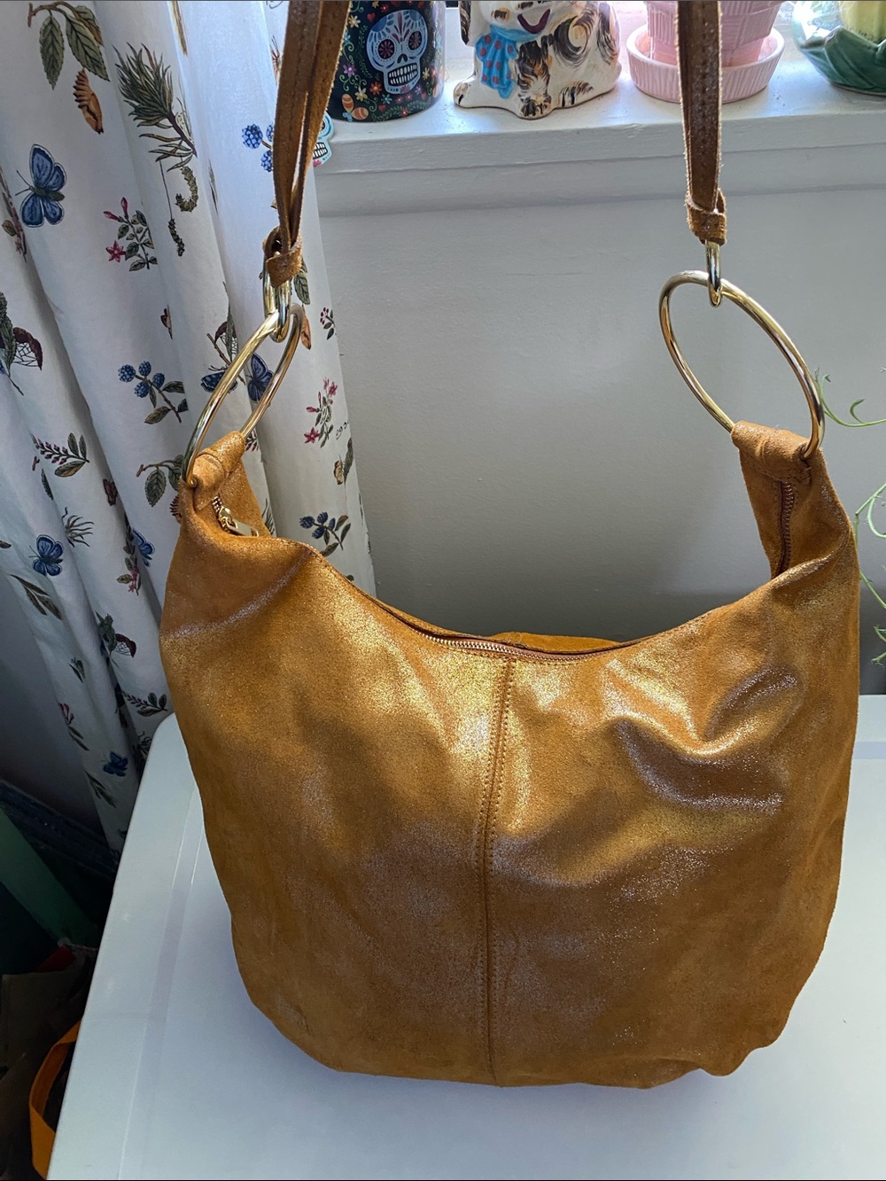 Metallic Suede Hobo Shoulder Bag with Gold Rings